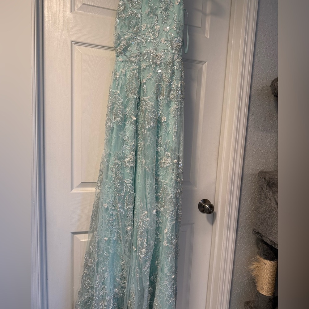 Elegant Aqua Gown with Silver Embroidery